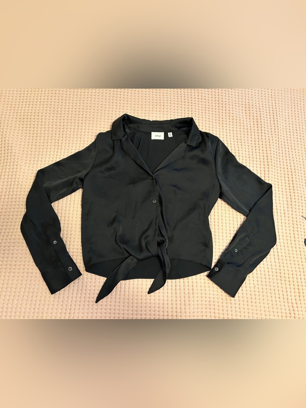 Aritzia Wilfred Black Silky Satin Tie-Front Blouse